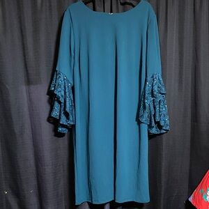 Chic Long Sleeve Teal Dress with Ruffled Sleeves